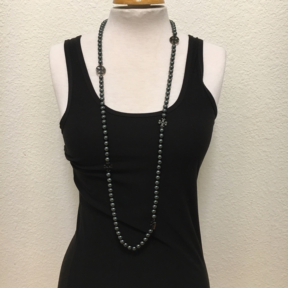 Tory Burch Metallic Grey Long Pearl style necklace